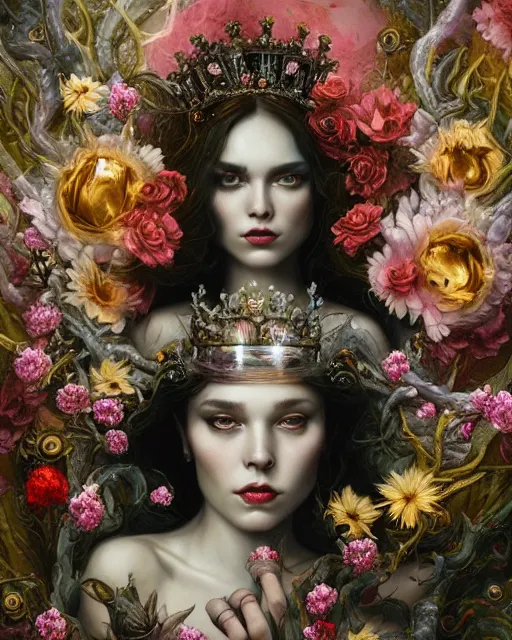 Image similar to portrait of the queen of the underworld, surrounded by flowers by karol bak, james jean, tom bagshaw, rococo, trending on artstation, cinematic lighting, hyper realism, octane render, 8 k, hyper detailed.