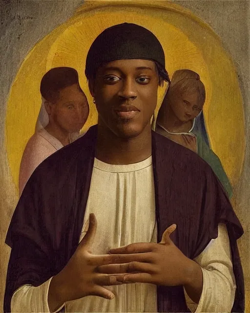 Image similar to rapper juice wrld legend rockstar smiling with a yellow halo above his head by fra angelico renaissance painting