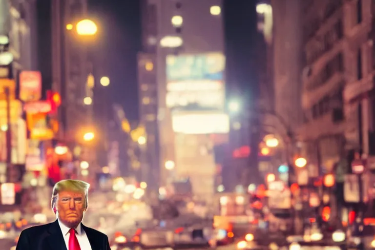 Image similar to amazing cinematic movie still of donald trump in manhattan at night, volumetric lighting, award - winning, perfection, ambitious, ambient occlusion, hyper - realism, 4 k hd, 8 5 mm, bokeh, close - up, grainy