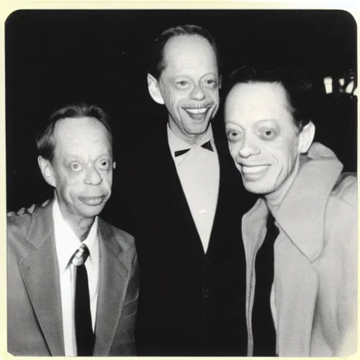 Prompt: polaroid group picture of steve buscemi, don knotts and pete davidson having a great time together