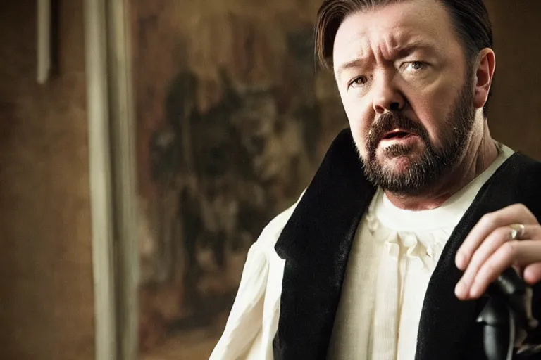 Prompt: an 8 5 mm portrait of ricky gervais as a 1 7 0 0's gangster by gustave baumann and aron demetz, beautiful lighting, dramatic, noise, film