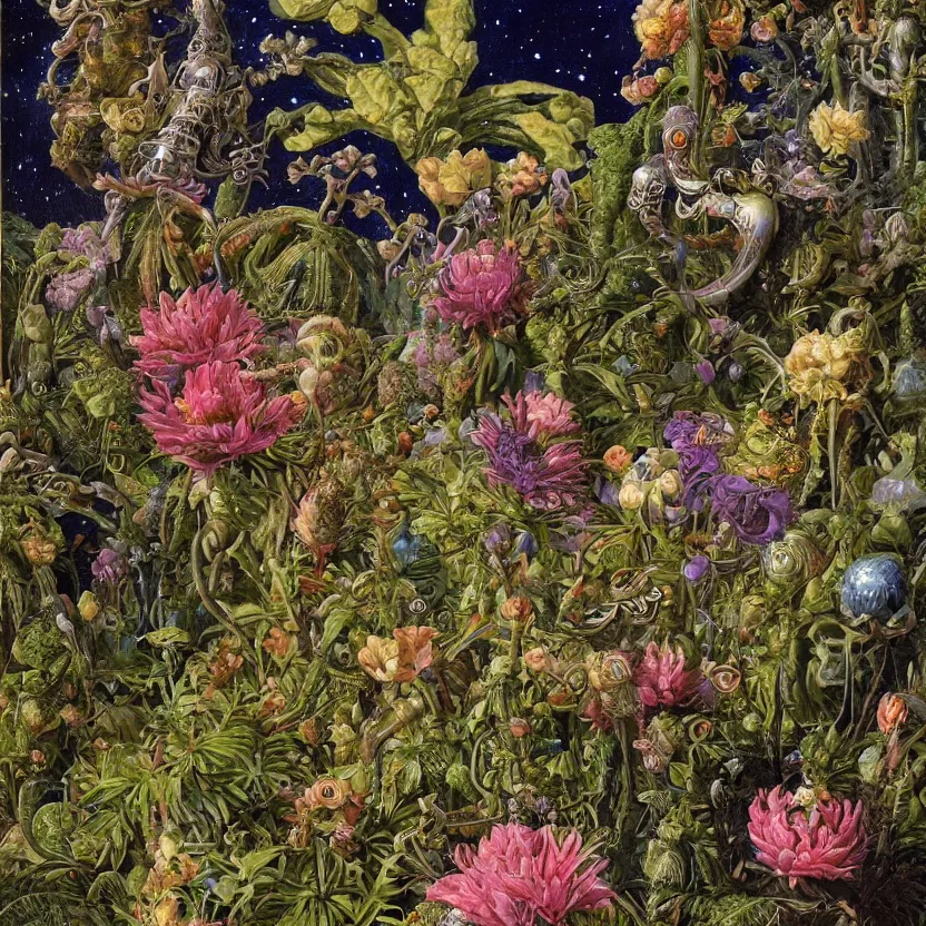 Prompt: close - up of alien plants and flowers in a garden at night. decorated with foliage, faberge, and filigree. pulp sci - fi art for omni magazine. cosmic. baroque period, oil on canvas. renaissance masterpiece, by r. s. connett