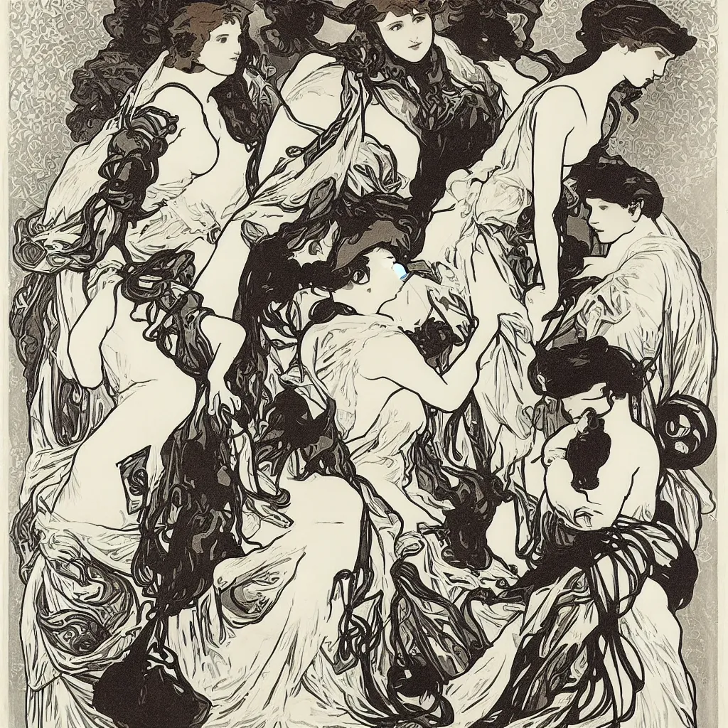 Image similar to monochromatic engraving by alphonse mucha and gustave klint