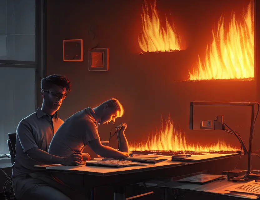 Prompt: a man works at a workstation in a very big office with burning fires, close up, featured in artstation, intricate, ultra detailed, unreal engine, concept art, wide - angle lens, sharp focus, illustration, 8 k