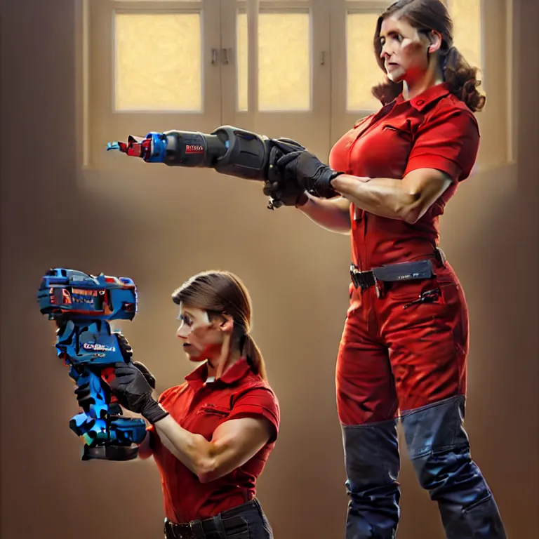 Image similar to epic portrait a slightly muscular woman wearing short sleeved uniform and carrying a red power tool drill, detailed, centered, digital painting, artstation, concept art, donato giancola, Joseph Christian Leyendecker, WLOP, Boris Vallejo, Breathtaking, 8k resolution, extremely detailed, beautiful, establishing shot, artistic, hyperrealistic, beautiful face, octane render