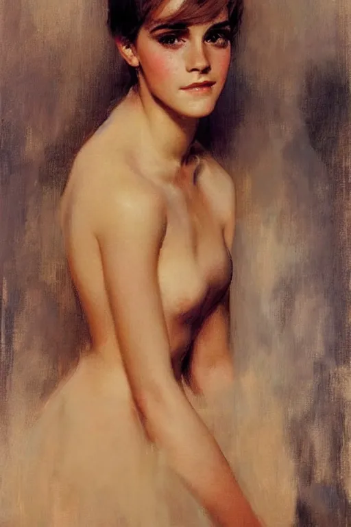 Prompt: detailed portrait of a beautiful emma watson 1 9 6 0 s hairstyle muscular, painting by gaston bussiere, craig mullins, j. c. leyendecker