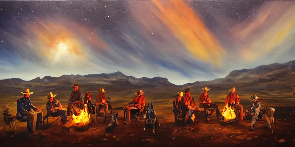 Prompt: retro future, western landscape, cowboys sitting around a campfire telling stories, alien sky, oil paint on canvas