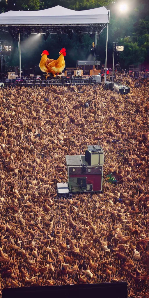 Prompt: music festival with chicken as audience and rooster band playing guitars on the stage. concert photography.