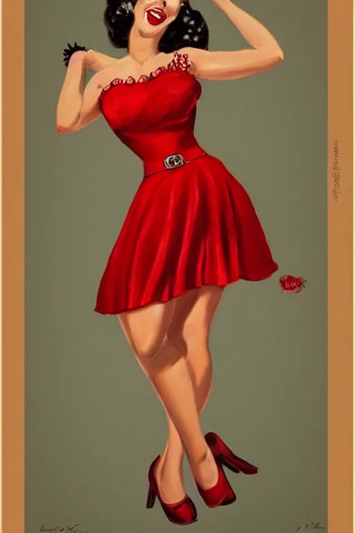 Image similar to a portrait of a beautifull woman, wearing a red dress,with a beautifull smile,in a bloe background. in american style pin up.anatomically correct