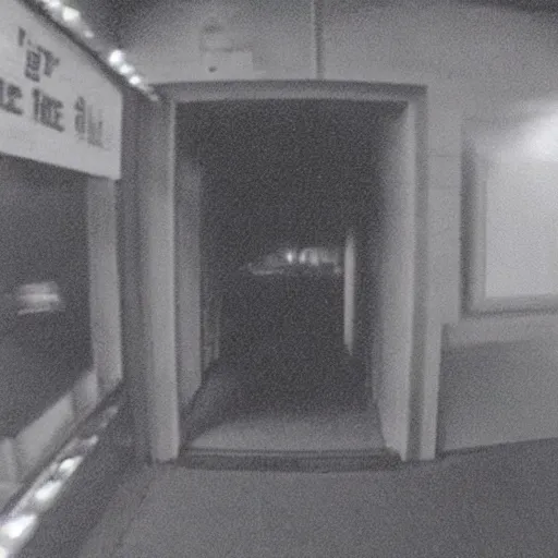 Image similar to a very creepy cctv shot of an unknown creature