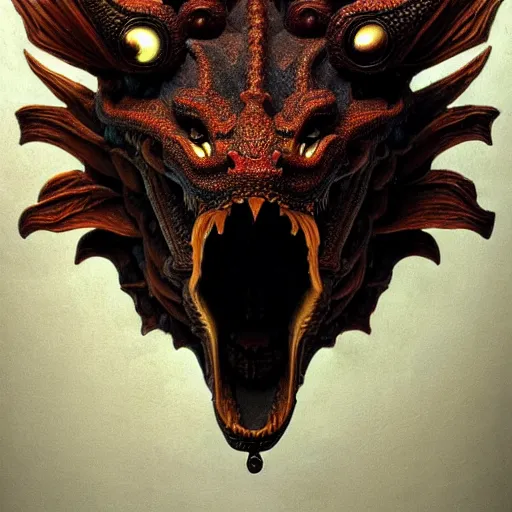 Image similar to a chthonic dragon head art by Daniel Dos Santos, Beksinski, Giger, intricate colourfully painted carved wood paneling, dark souls, ivory and copper , artstation