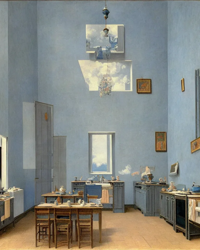 Image similar to achingly beautiful painting of a sophisticated, well - decorated kitchen on baby blue background by rene magritte, monet, and turner. giovanni battista piranesi.