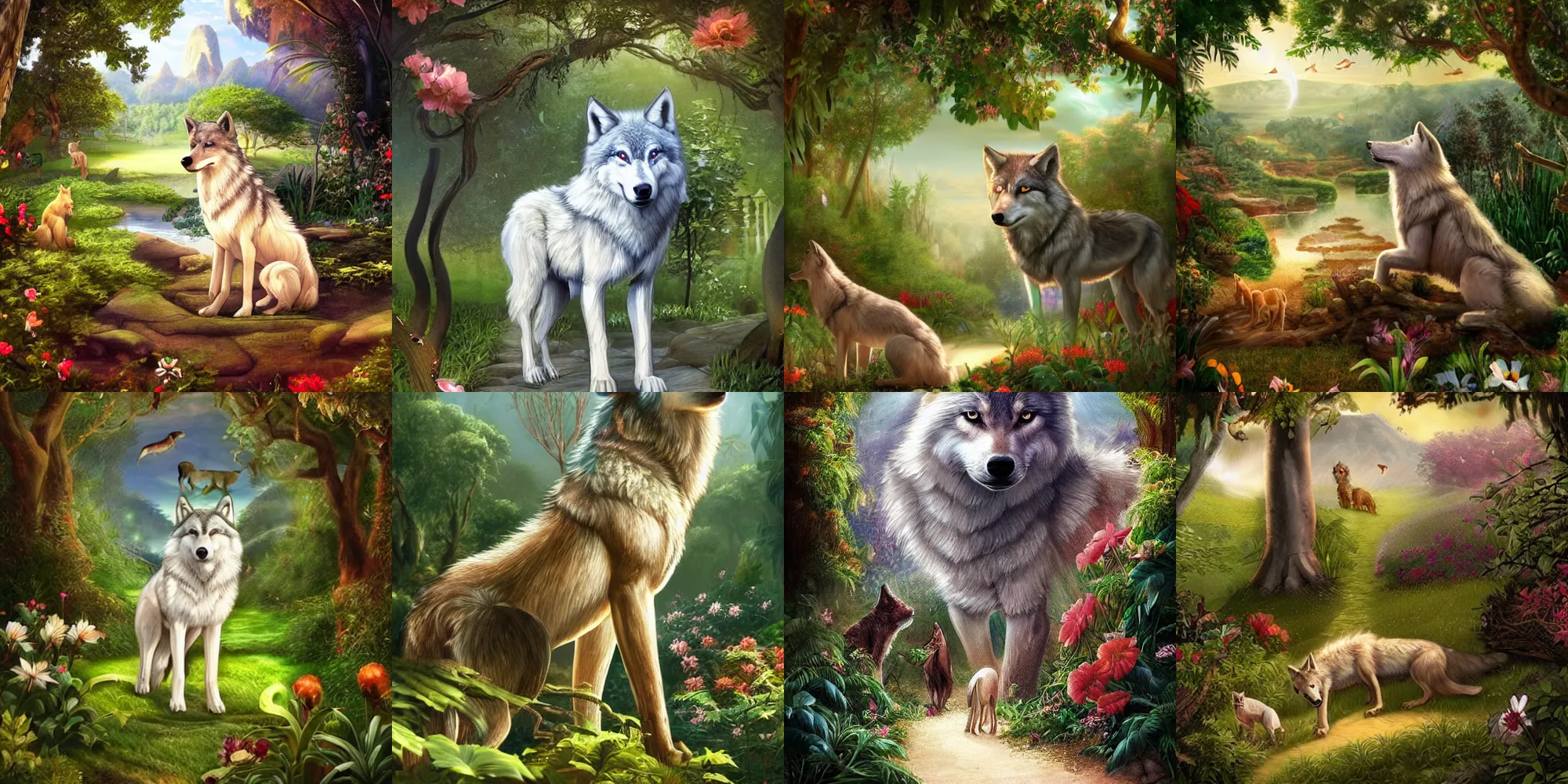 Prompt: Wolf in the Garden of Eden, beautiful, serene, trending on artstation