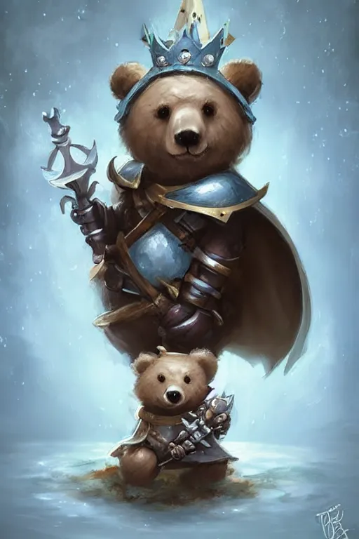 Image similar to cute little anthropomorphic bear knight wearing a cape and a crown, tiny, small, miniature bear, baby animal, short, pale blue armor, cute and adorable, pretty, beautiful, DnD character art portrait, matte fantasy painting, DeviantArt Artstation, by Jason Felix by Steve Argyle by Tyler Jacobson by Peter Mohrbacher, cinematic lighting