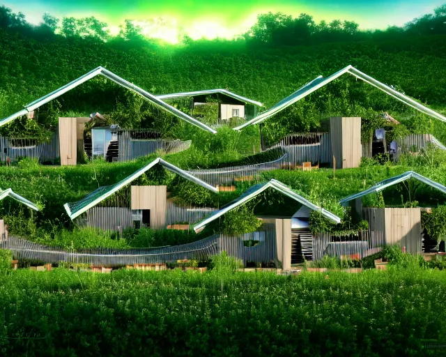 Image similar to connected ecovillage houses with solrarrofs, very big bees flying around - plant goddess high quality photo, microchip, artificial intelligence, bio - mechanical bio - luminescence, black wired cables, neurons, nerve cells, cinematic, rim light, photo - realistic, elegant, high detail, 8 k, masterpiece, high fashion, in the style of man ray