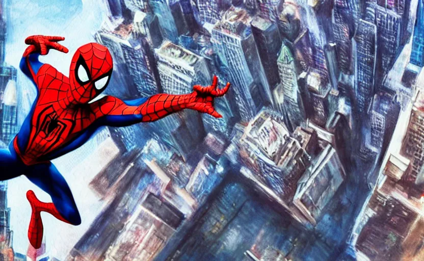 Prompt: ''spider - man swinging through the city, dynamic pose, new york, beautiful night, art by alex ross, spider - man sam raimi, concept art, beautiful art, 8 k''