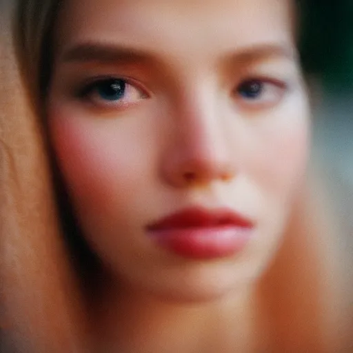 Image similar to a close-up of a gorgeous woman’s face looking at the camera with a mix of desperation and awe, soft blurred city background, captured in low light and soft focus, cinestill 800t