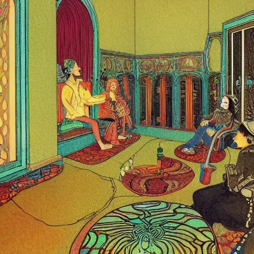 Prompt: highly detailed optical illusion of an dmt waiting room filled with magical energy by edmund dulac and android jones