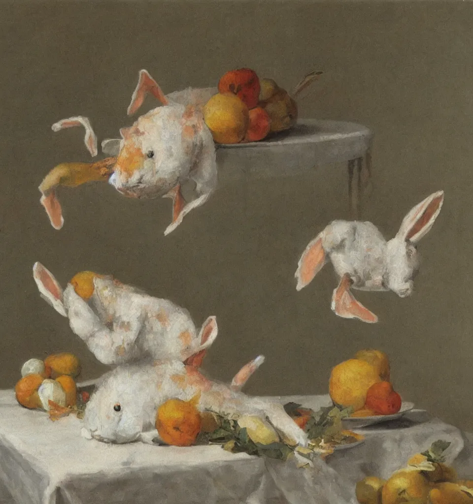 Prompt: still life painting of a fish rabbit dancing on a white table, impressionism