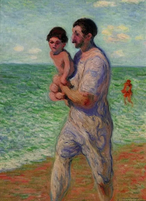 Prompt: a clothed man carrying his child over his shoulders walking near the beach, anatomically correct, painting by monet, masterpiece