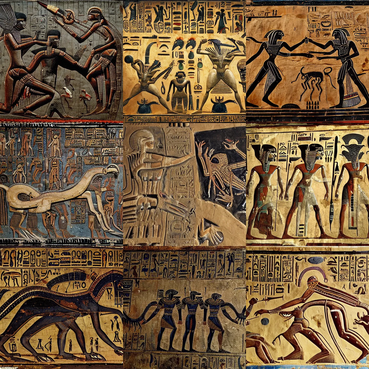 Prompt: egyptian men fighting a [ xenomorph ] [ giger ] [ alien ] from movie aliens painted on highly intricate ancient egyptian mural art, with many hieroglyphs