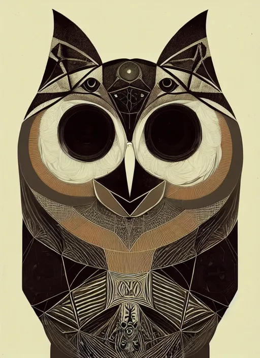 Image similar to portrait of a geometric owl, identical eyes, medium shot, illustration, full body made of white feathers, symmetrical, art stand, super detailed, cinematic lighting, and its detailed and intricate, gorgeous, by peter mohrbacher