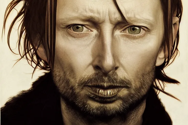 Prompt: hyper realistic portrait of thom yorke tilda swildon, bigger forehead, bigger chin, from the side, by lee bermejo, alphonse mucha and greg rutkowski