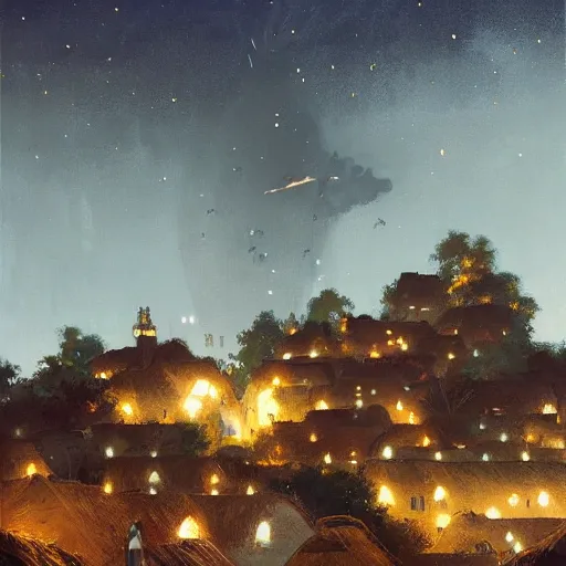 Prompt: Painting by Greg Rutkowski, at night a big ceramic jug with gold ornaments flies high in the night dark blue sky above a small village with white houses under thatched roofs, stars in the sky, rich picturesque colors