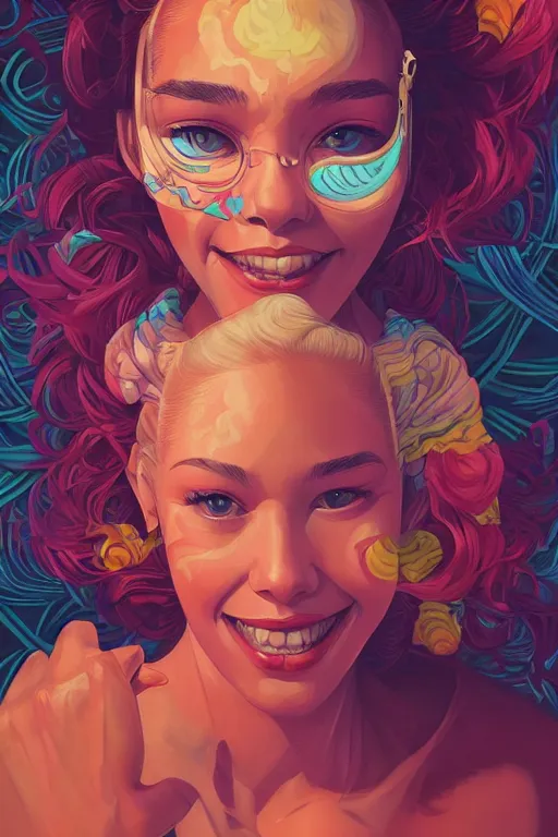 Image similar to a smiling cute woman beautiful skin and wavy hair, tristan eaton, victo ngai, artgerm, rhads, ross draws