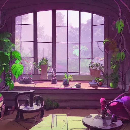 Image similar to concept art painting of a interior of a cozy alien fantasy cottage, circular windows, with black vines and magenta houseplants, realistic, detailed, cel shaded, dark, in the style of makoto shinkai and greg rutkowski and james gurney