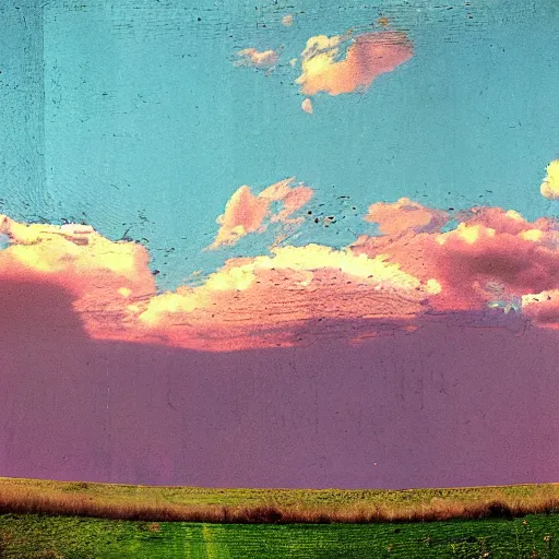 Prompt: pastoral scene with a glitched sky