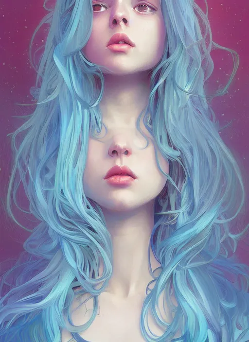 Image similar to handsome young women with shoulder length light blue hair, half body shot, path traced, highly detailed, high quality, digital painting, alena aenami, lilia alvarado, shinji aramaki, karol bak, alphonse mucha, tom bagshaw