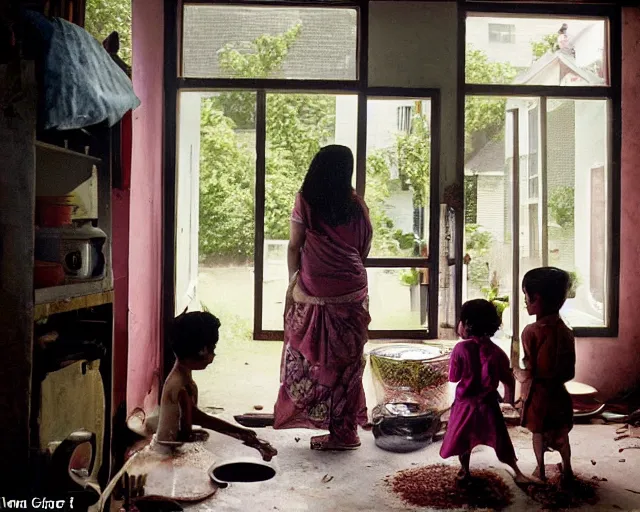 Image similar to A beautiful symmetrical anatomically correct photograph of a mother cooking food in her Indian suburban home, two kids playing outside are visible from the window. Shot by Gregory Crewdson on a large format film camera, 8K