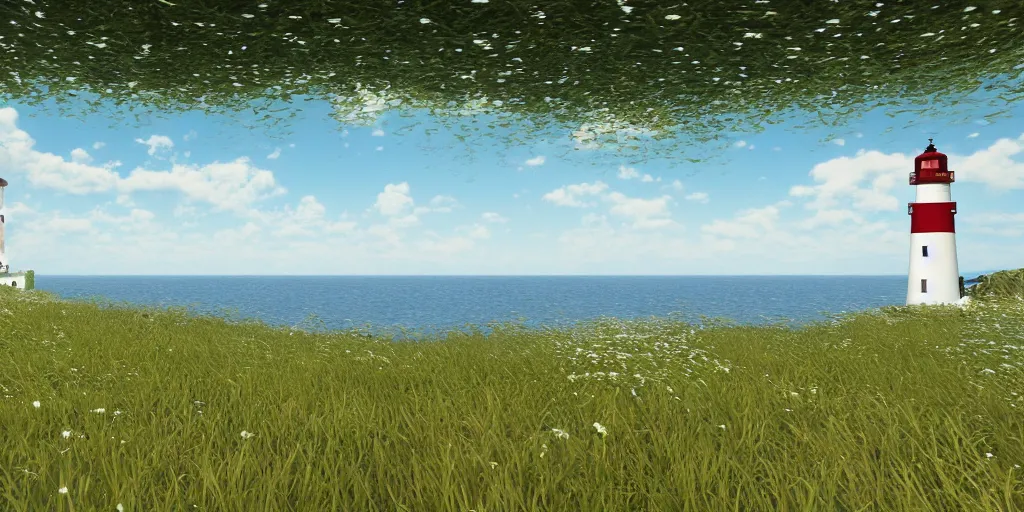 Prompt: a beautiful shoreline from the view of a hill next to a light house, white sand, grassy fields, Claude Monet, Unreal Engine, trending on art station
