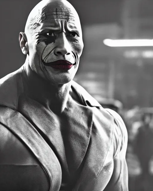 Image similar to Film still close-up shot of Dwayne The Rock Johnson as The Joker from the movie The Dark Knight. Cinematic, Photographic, photography