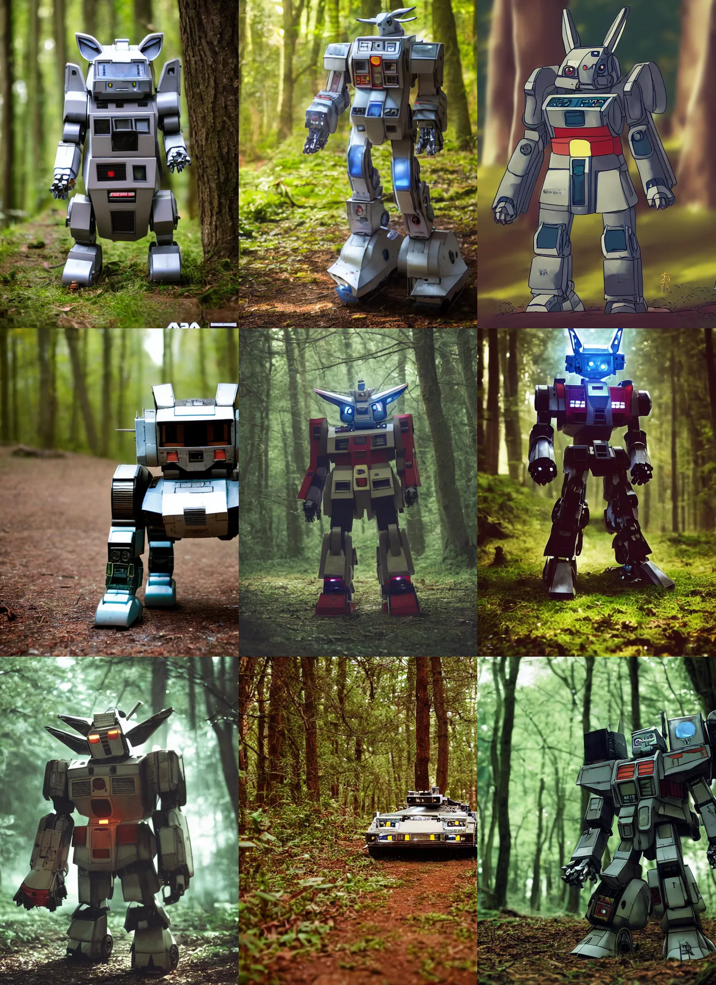 Prompt: a 3 5 mm photo from the front of a giant mecha armored war delorean robot chubby cute rabbit as gundam walking in the woods, splash art, movie still, bokeh, canon 5 0 mm, cinematic lighting, dramatic, film, photography, depth of field, award - winning, backlighting, overcast, 8 k, hyper detailed, 3 5 mm film grain