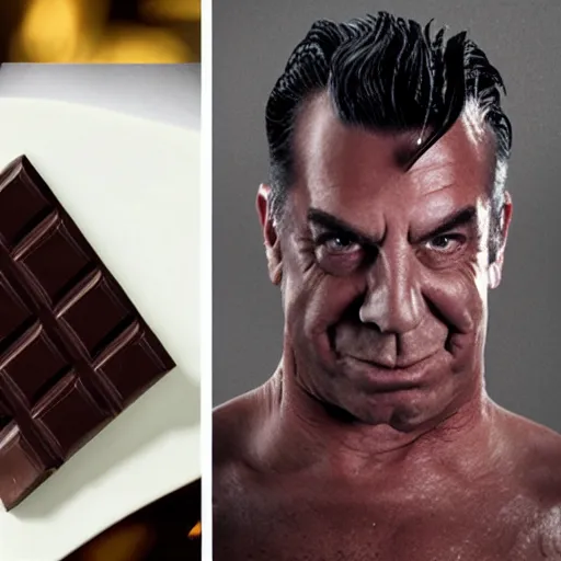 Prompt: dark chocolate bar in shape looks like till lindemann made of dark chocolate