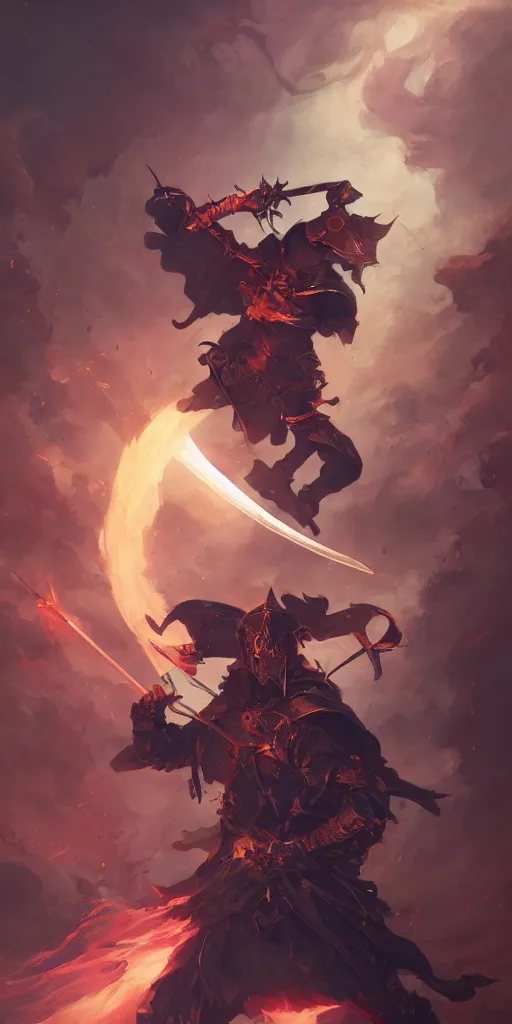 Image similar to action portrait of a magic knight fighting while casting spells with his swords, 4 k trending on artstation by peter mohrbacher