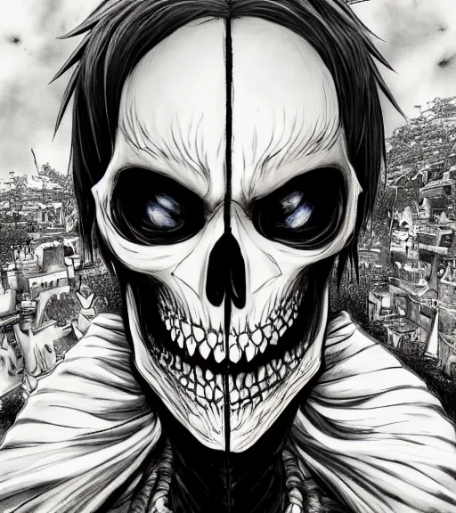 Prompt: detailed portrait of a skeleton by takeshi obata and yusuke murata and kazue kato, death note style, colored by udon comics, trending artstation and cgsociety, detailed eyes, highly - detailed, volumetric lighting, trending, unreal engine 5, octane render pencil and ink, city in the background, dark colors, intricate details, sharp face