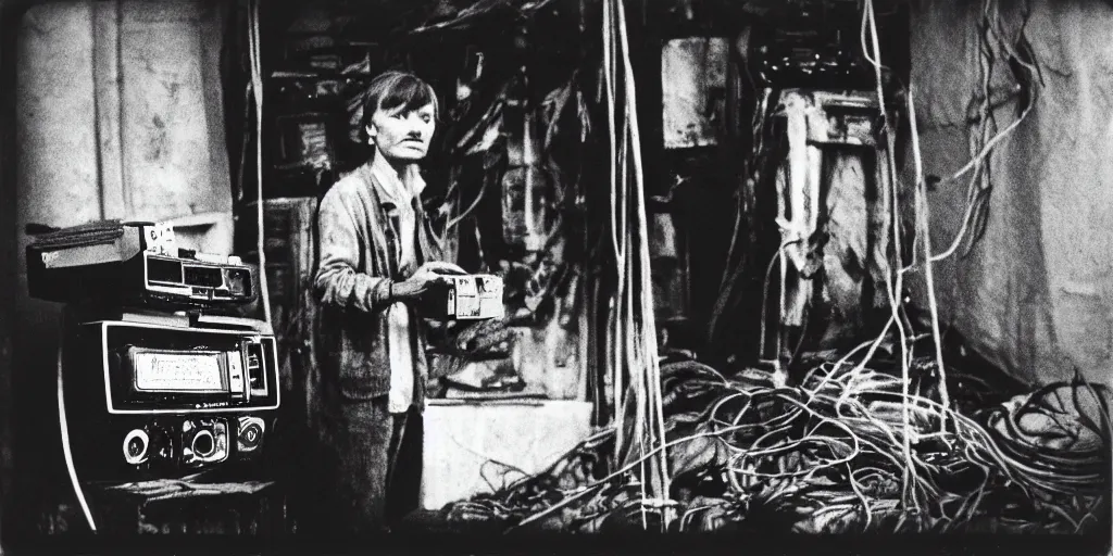 Image similar to detailed medium format photo, polaroid still from tarkovsky movie, a human trash panda character, holding a box of cables and standing next to old electronic equiptment, haze, high production value, intricate details, 8 k resolution, hyperrealistic, hdr, photorealistic, high definition, technicolor, award - winning photography, masterpiece, black and white