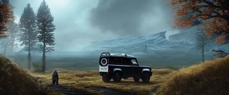 Image similar to Land Rover Defender 110 (1985), an epic fantasy, dramatic lighting, cinematic, establishing shot, extremely high detail, photorealistic, cinematic lighting, artstation, by simon stalenhag, The Elder Scrolls V: Skyrim, Whiterun Hold, Burning Dragonsreach castle in the distance, Battle for Whiterun city, Stormcloaks vs Imperials, Swarms of Stormcloaks and Imperials fighting eachother, Intense fighting, Whiterun city burning, Skyrim Civil War, High casualties, blood and dead soldiers, Corpses everywhere