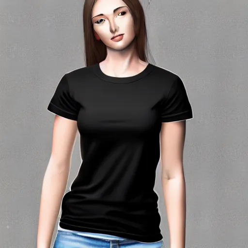 Image similar to clear photorealistic mockup product photograph of a blank black tshirt on an attractive female model in front of an indoor room background - h 7 0 4