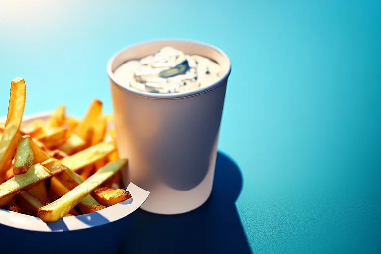 Prompt: best fries, best mayonnaise, best weather, best light, best drink. super realistic 8 k render