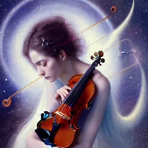 Prompt: a high quality life like portrait of a very very beautiful! celestial goddess of life playing a mystical geared violin and springing life into the universe, highly detailed, intricate, sharp focus, fantasy, mystical, dreamlike, by WLOP and greg rutkowski