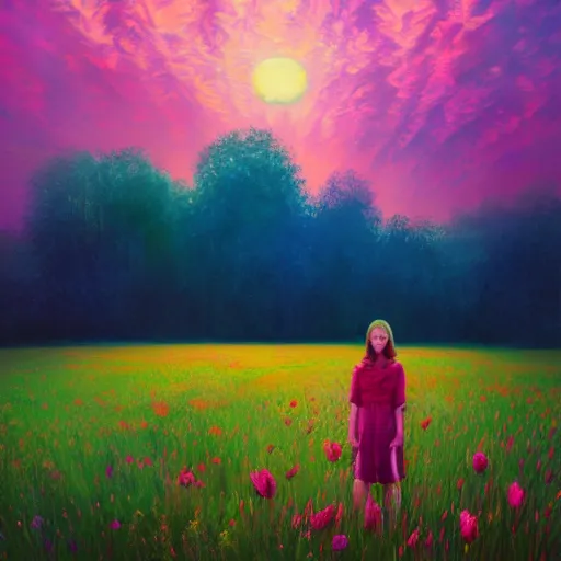 Image similar to girl with a blooming flower face, surreal photography, standing in flower field, in a valley, sunrise dramatic light, impressionistic painting, colorful clouds, artstation, simon stalenhag