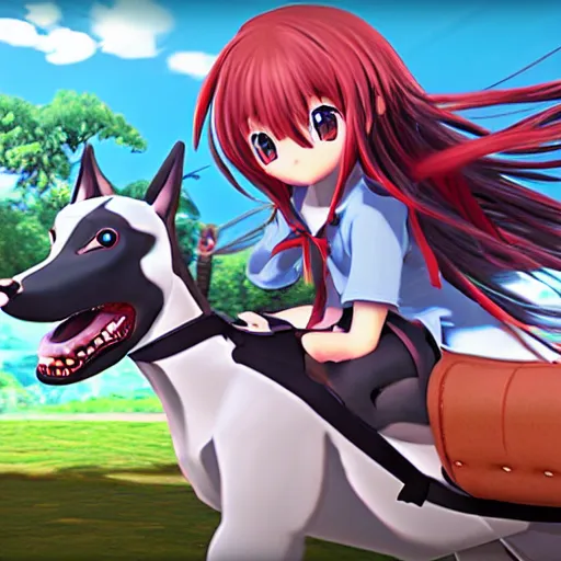 Image similar to screenshot from a 3 d video game about anime girls riding giant dogs