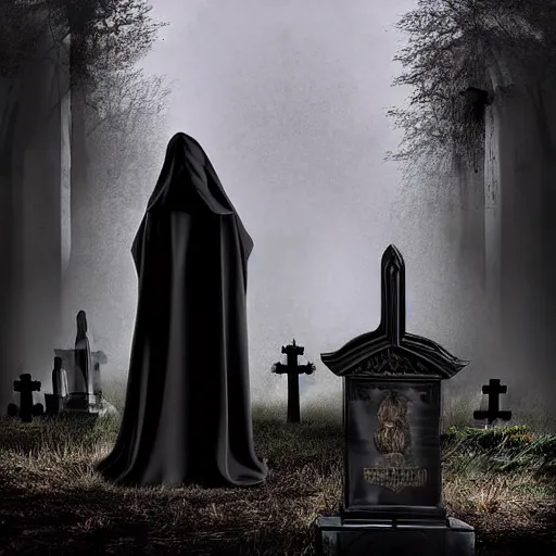 Prompt: A woman dressed in a black hooded robe, wielding daggers, she is lurking in the shadows of a graveyard, digital art