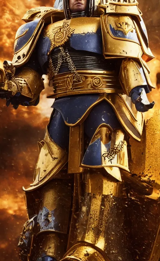 Image similar to Henry Cavill as warhammer 40k Emperor of Mankind dressed in his golden power armor. full-length portrait, beautiful face, long hair, painted by Donato Giancarlo and Annie Liebowitz, fine details, cinematic, highly detailed, octane render