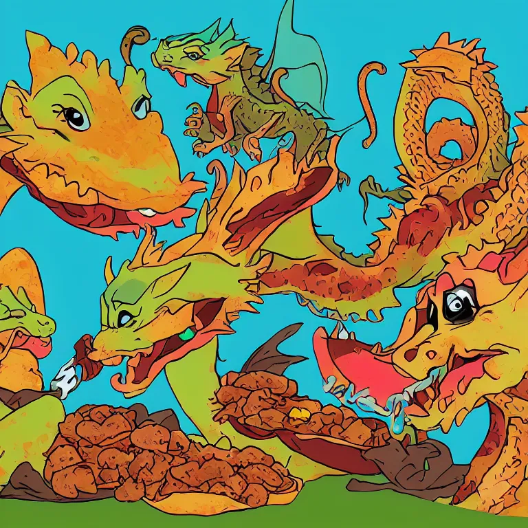 Prompt: dragons eating tacos, childrens book illustration