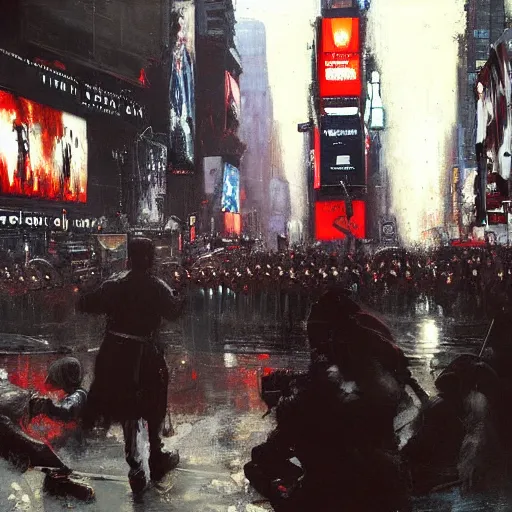 Prompt: the assassination of julius caesar in times square, highly detailed painting by jeremy mann